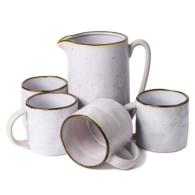 Beille 5pc Speckled Ivory Farmhouse Stoneware Set of Pitcher and Mugs for Beautiful Home Kitchen Decor Serving Set
