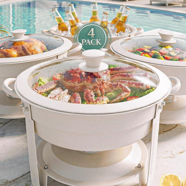Frizoky White Chafing Dishes for Buffet, 4 Pack 6QT Round Stainless Steel Chafers with Silicone-Edge Glass Lids, White Granite Finish, Fuel Holders and 4 Serving Tongs