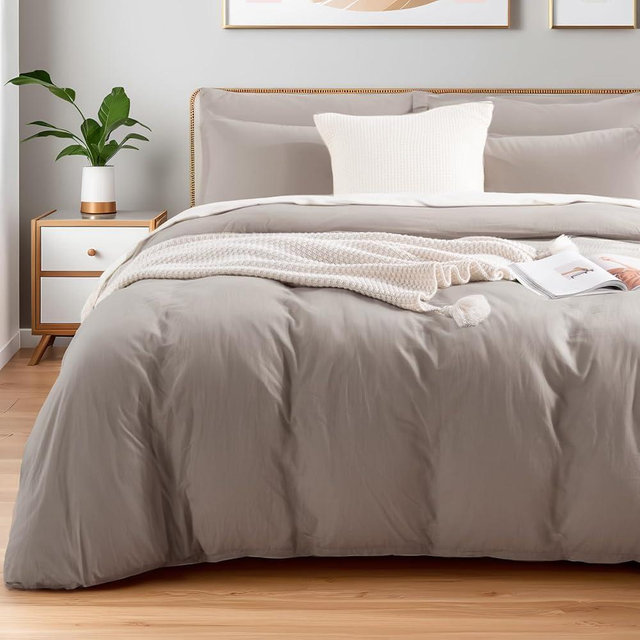 NEXHOME PRO Duvet Cover Set King Size Linen Look Organic Natural 100% Washed Cotton Duvet Cover Linen Cream Grey 3 Pieces Bedding Set with Zipper Closure, Breathable, Lightweight (No Comforter)