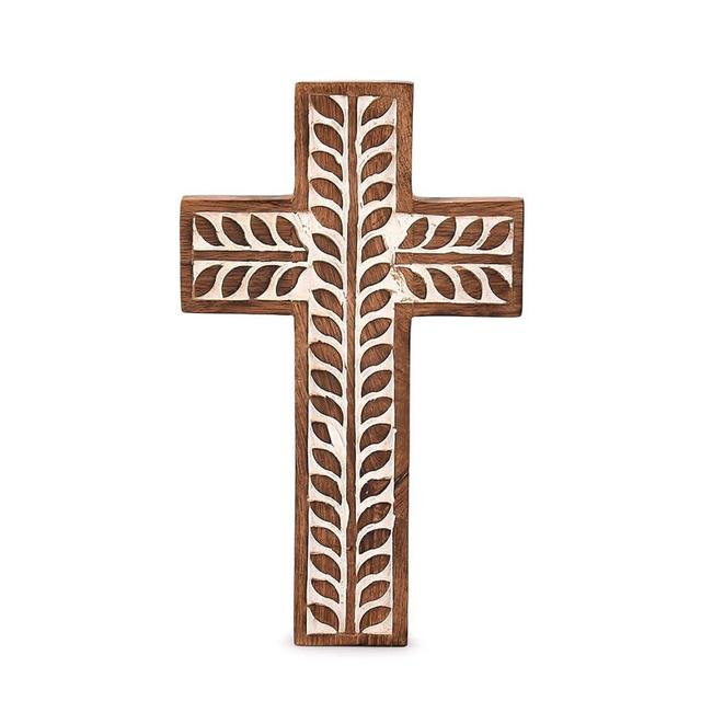 NIRMAN Mango Wood Religious Catholic Cross Wall Hanging Floral Carvings Living Room Home Décor for Entryway Office Living Room (10" x 6" x 0.75")