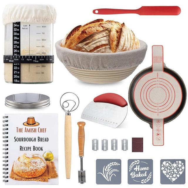 Complete Sourdough Bread Starter Kit, Glass Sourdough Starter Jar Kit & Tons of Sourdough Bread Baking Supplies - Sourdough Starter Kit Includes Sourdough Jar, Banneton Bread Proofing Basket & More