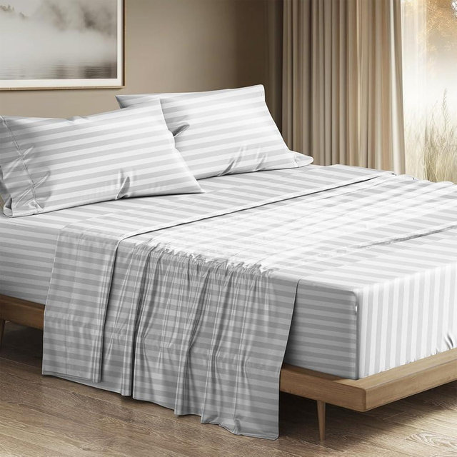 THREAD SPREAD 100% Egyptian Cotton Sheets Queen Size - 1200 Thread Count 4 PC Damask Sheet Set Egyptian Cotton, Sateen Luxury Sheet Queen Size, Soft Sateen Sheets, 17" Deep Pocket - White Stripe