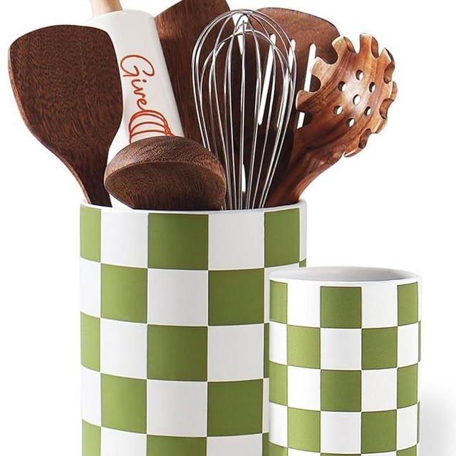 Utensil Holder，7.1"+5.8" Ceramic Kitchen Utensil Holder for Counter top, Checkered Cooking Utensil Holder for Spatula & Spoon, Kitchen Decor, Set of 2 (Green Checkered)