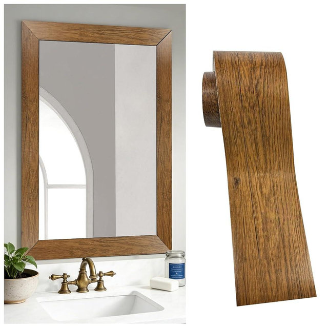 DESOMINOR 32FT Peel &Stick Wood Grain Wallpaper Border Removable Waterproof Bathroom Mirror Frame Sticker (Brown, 3.93Inch X 32.8Ft)