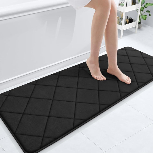 OLANLY Memory Foam Bath Mat 59x20, Ultra Soft and Absorbent Bathroom Rugs, Machine Washable, Comfortable Bath Carpet for Bathroom Floor, Tub and Shower, Black