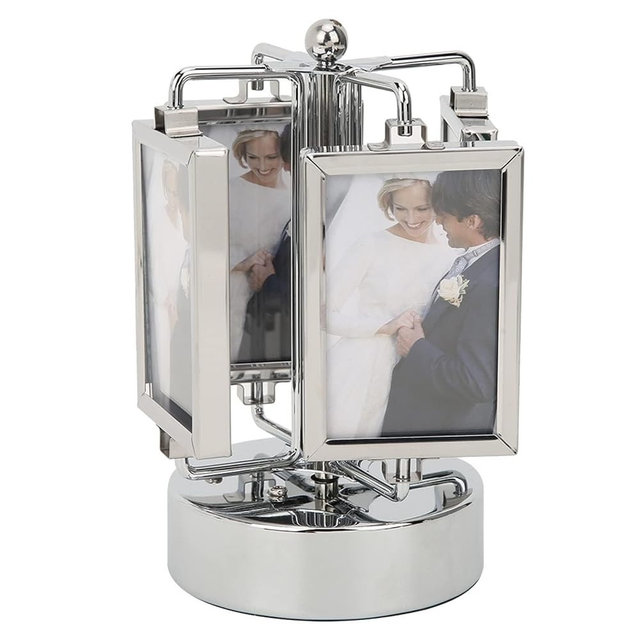 Kukyller Rotating Photo Frame Carousel Photo Stand, Elegant Metal Carousel Photo Display with 360° Rotation and Music Box 3 x 2in Glass and Metal Double Sided Frame for Home 3.5 * 6.3in