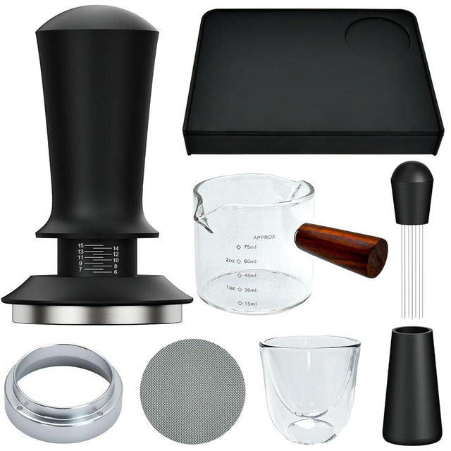 7 Pcs 51mm Espresso Accessories Kit, Spring Loaded Calibrated Tamper, WDT Tool, Coffee Measuring & Espresso Cup and Tamper Mat, Puck Screenr & Dosing Funnel, 51mm Espresso Machine Accessories