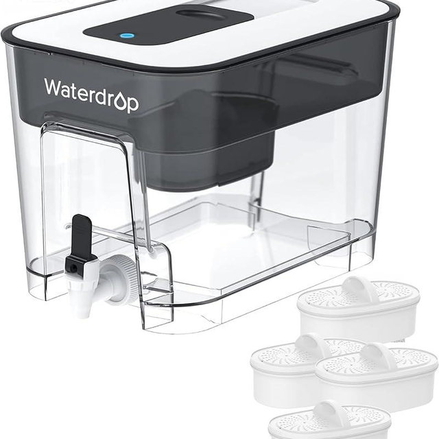 Waterdrop 40-Cup Large Water Filter Dispenser with 4 Filters, 200-Gallon Long-Life, for Home and Office, 5X Times Lifetime, Reduces Chlorine, PFOA/PFOS and More, BPA Free, Black