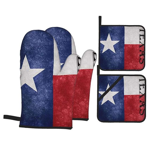 Msacrh Texas Flag Oven Mitts and Pot Holders Sets of 4,Resistant Hot Pads with Polyester Non-Slip BBQ Gloves for Kitchen,Cooking,Baking,Grilling