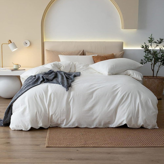 JIYUAN 100% Washed Cotton Duvet Cover Set Comfy Simple Style Soft Breathable Textured Durable Linen Feel Bedding for All Seasons Twin/Twin XL Size,Solid Off White
