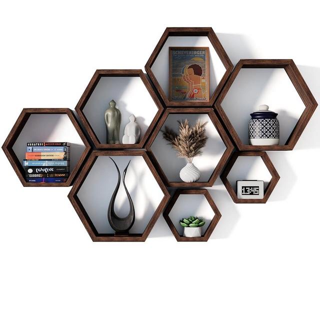 Decovate Hexagon Floating Shelves Set of 8 Honeycomb Shelves for Wall, Wooden Hexagon Shelves for Farmhouse Storage, Sturdy Elegant & Geometric octagon shelf for office, Kids, DIY & Hallway Wall Décor