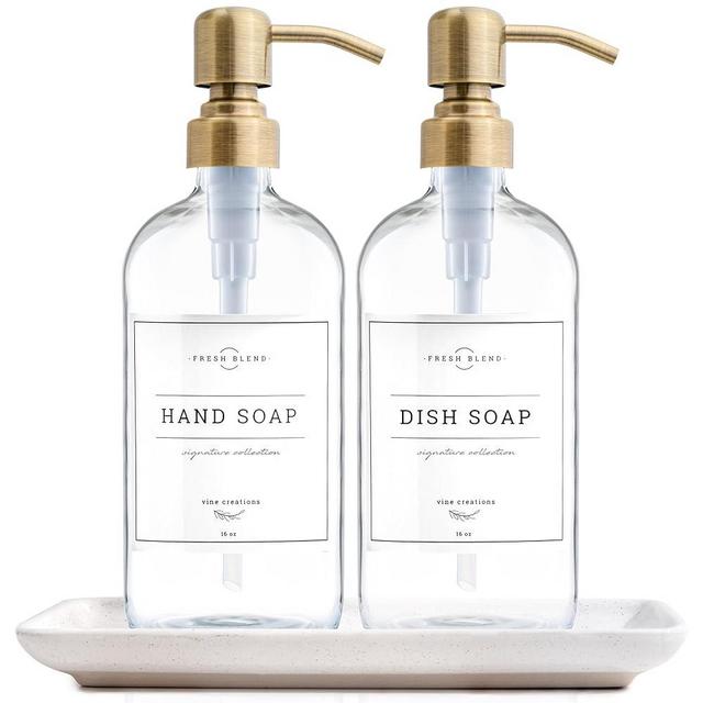 Vine Creations Glass Soap Dispenser, 2 Pack Kitchen Soap Dispenser Set with Ceramic Tray, Stainless Steel Pump, Dish Soap Dispenser for Kitchen, Hand Soap Dispenser Bathroom with Waterproof Labels