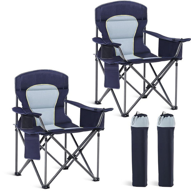 HIGH POINT SPORTS Oversized Camping Folding Chair, Heavy Duty Portable Outdoor Chair, Foldable Camp Chair with Cup Holder and Cooler Bag Support 450 LBS, 2 Pack, Dark Blue