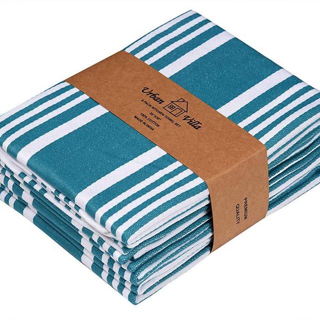 Urban Villa Kitchen Towels,Trendy Stripes, 100% Cotton Dish Towels, Mitered Corners, (Size: 20X30 Inch), Teal/White Highly Absorbent Bar Towels & Tea Towels - (Set of 6)