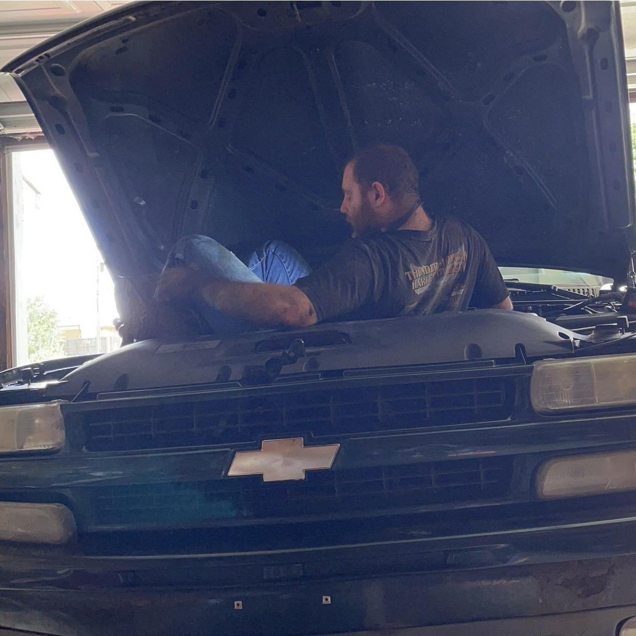 Like Grandpa Ron, Lance likes to sit in engines to get better leverage.