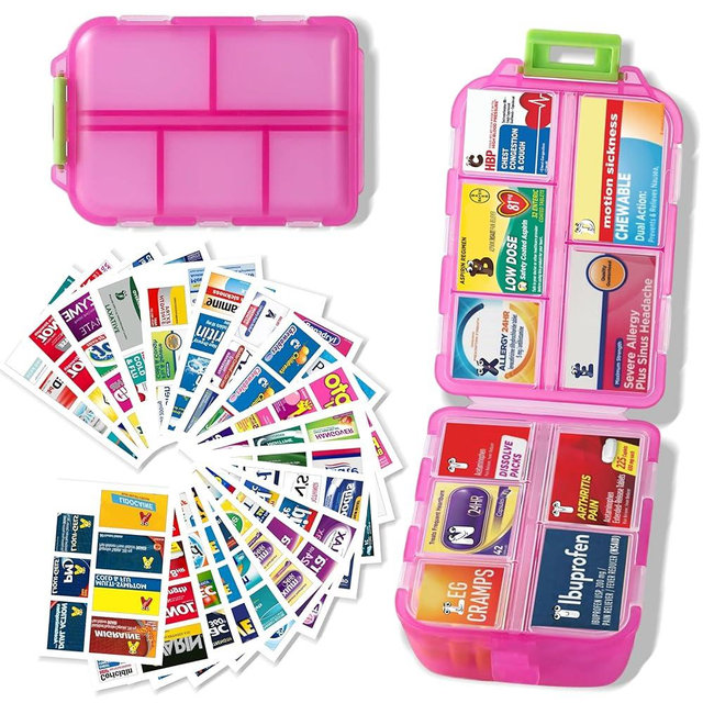 iouwei Large Daily Pill Container with Medicine Labels - 7 Day Mini Medication Organizer (Pink, 161 Labels)