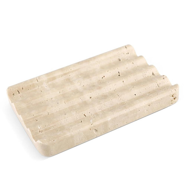 Karibiber Marble Soap Dish, Beige Travertine Bar Soap Holder Shower, Brown Bathroom Soaps Saver, Easy Cleaning Natural Stone Sponge Holder for Kitchen Sink, Executive Jewelry Ring Tray