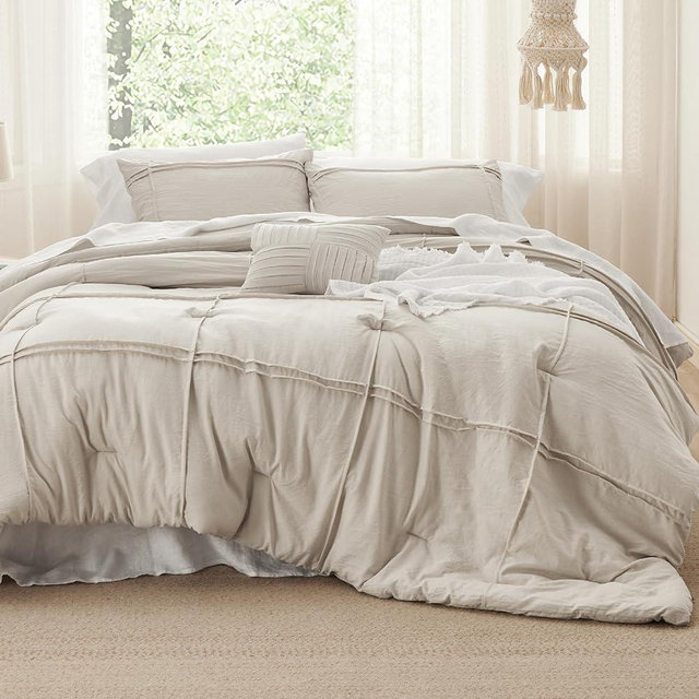 Bedsure Beige California King Comforter Set - 4 Pieces Grid Pleated Bed Set, Down Alternative Bedding Sets for All Season, 1 Comforter, 2 Pillowcases, 1 Decorative Pillow