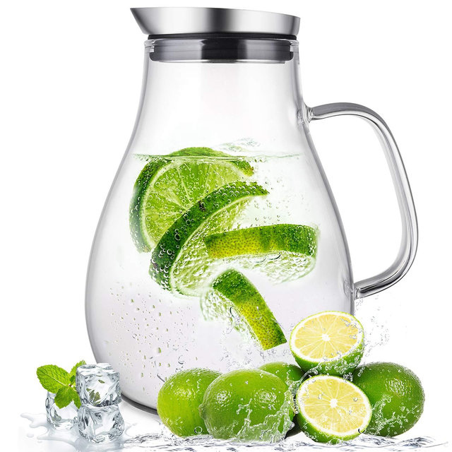 SUSTEAS 2 liter glass pitcher water jug juice carafe with lid and spout for homemade beverage