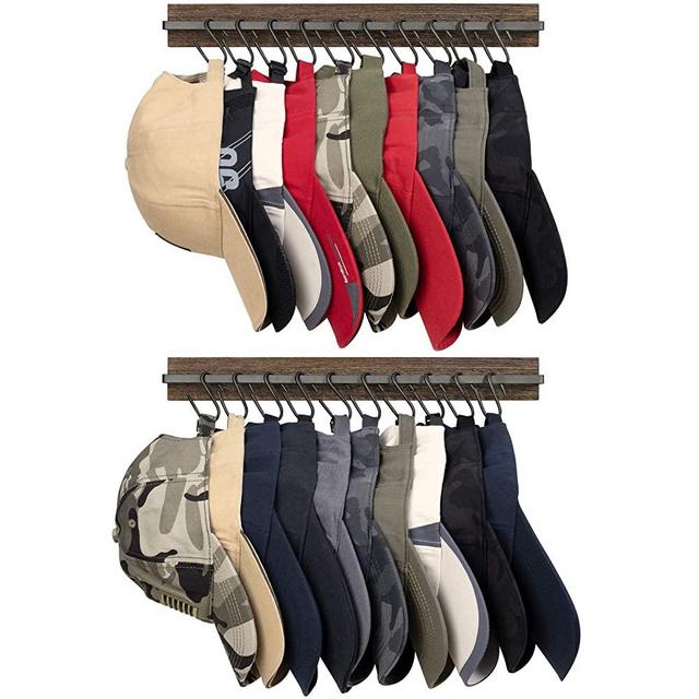Mkono Hat Rack for Wall Wooden Baseball Caps Organizer with 20 Hooks Rustic Cowboy Hat Hanger Wall Mounted Caps Display Rack for Closet Door Bedroom Entryway, Set of 2, Brown
