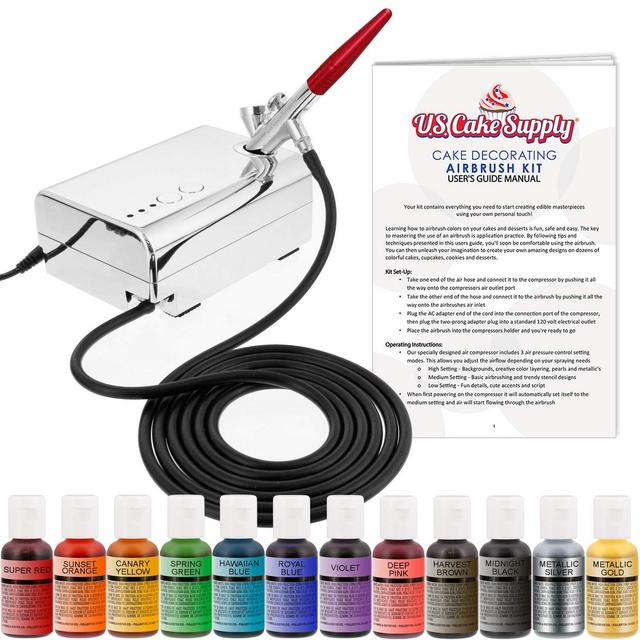 U.S. Cake Supply - Complete Cake Decorating Airbrush Kit with a Full Selection of 12 Vivid Airbrush Food Colors - Decorate Cakes, Cupcakes, Cookies Desserts