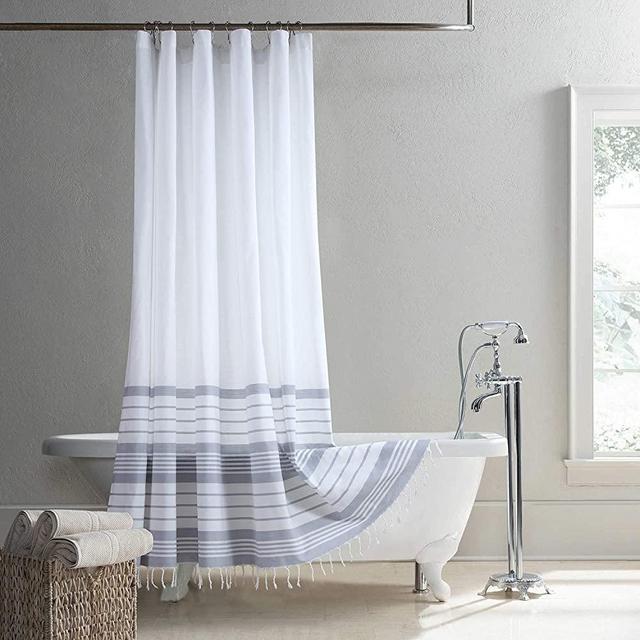 SDLIVING Gloria Grey Yarn Dyed Stripe Polyester Tassel Shower Curtain,Waterproof Handmade Braided Trim Shower Curtain for Bathroom,Knotted Fringe Border Fabric Bath Curtains,72" W x 72" H
