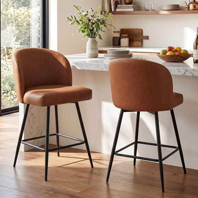 VATROS Counter Height Bar Stools Set of 2, 360° Swivel Upholstered Barstools with Backs and Metal Legs, 26" H Seat Height, Faux Leather in Walnut Brown