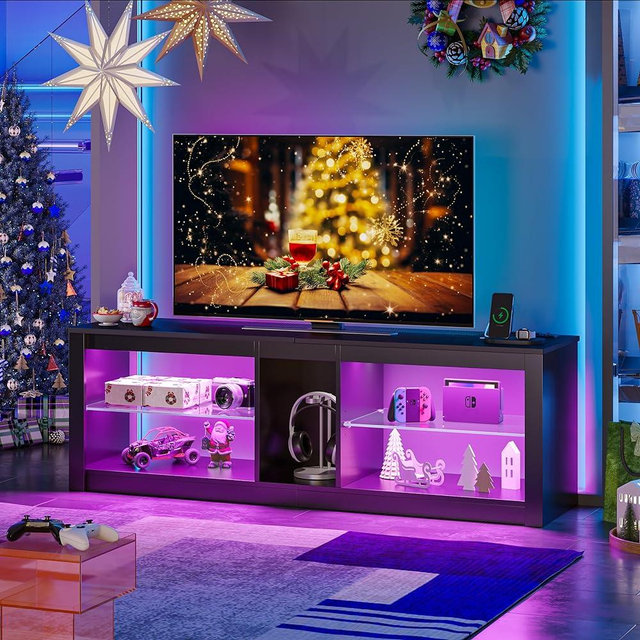Bestier Gaming Entertainment Center with Power Outlet,55 inch TV Stand LED TV Stand & 22 Dynamic RGB Modes,Removable Glass & Open Shelf Storage, TV Cabinet for 55/65/ inch TV,Carbon Fiber Black