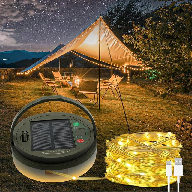 TuoPuLife Solar Camping String Lights, 32.8FT Fairy String Lights 130LEDs, Portable Waterproof Camping Lamp with 8 Lighting Modes, Hanging Rechargeable Tent Lantern for Awning Garden Yard Party Decor