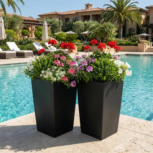 Black Metal Conical Planter Top 14.17x14.17 Bottom 9.06x9.06 Height 25.98 Inch Outdoor Patio Garden Decor, 2 Set