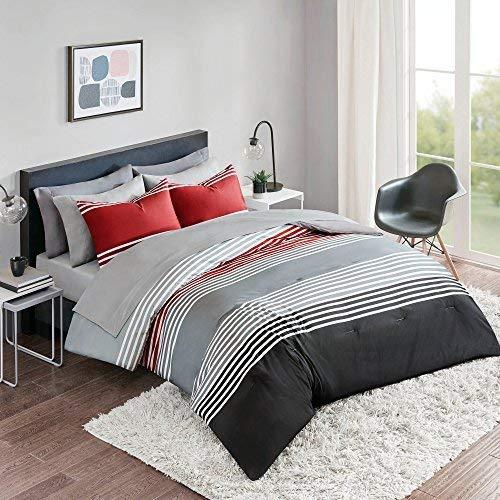 Comfort Spaces Colin 9 Piece Comforter Set All Season Microfiber Stripe Printed Bedding and Sheet with Two Side Pockets, Queen, Red/Grey