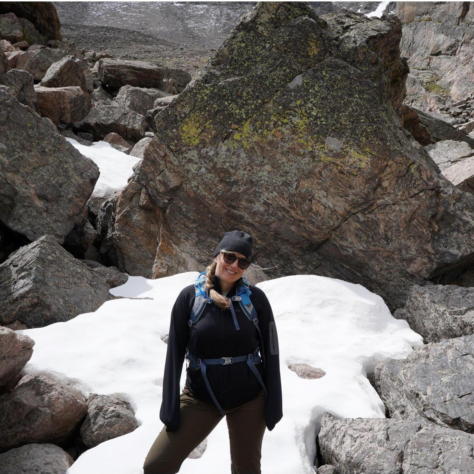 Pausing for a picture after scrambling up to Chasm Lake.