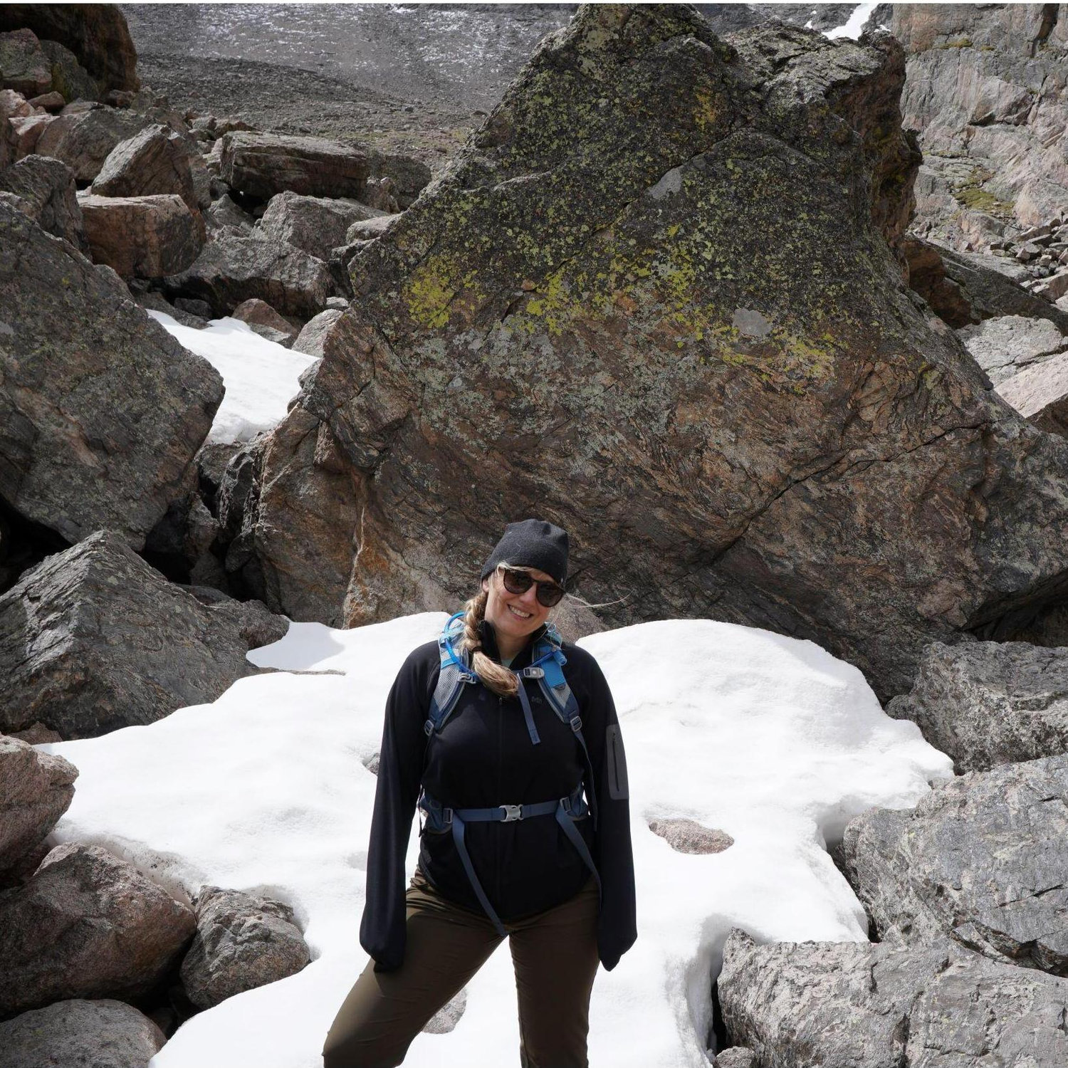 Pausing for a picture after scrambling up to Chasm Lake.