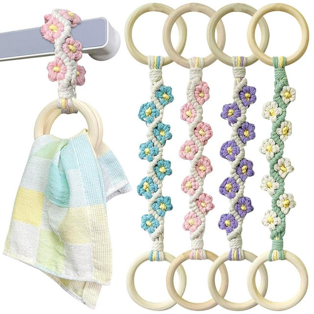 4 Pcs Daisy Flower Macrame Towel Holder Ring, Crochet Hanging Kitchen Dish Towel Holder, Handmade Kitchen Towel Hanger with Wood Hanging Loop for House Oven Stove Door