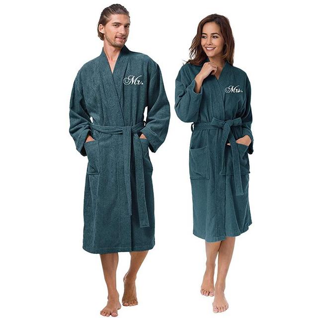 AW BRIDAL 2Pcs Couple's Terry Cotton Kimono Robe 100% Cotton Spa Bathrobe Set - Unisex Hotel Robe with Script Embroidery