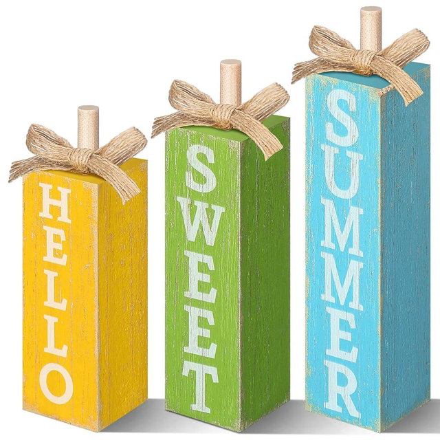 Seeloowy 3 Pcs Hello Summer Tiered Tray Decor Summer Table Block Sign Summer Rustic Farmhouse Wooden Tabletop Sign and Centerpieces for Summer Ocean Party Home Kitchen Shelf Indoor Decor
