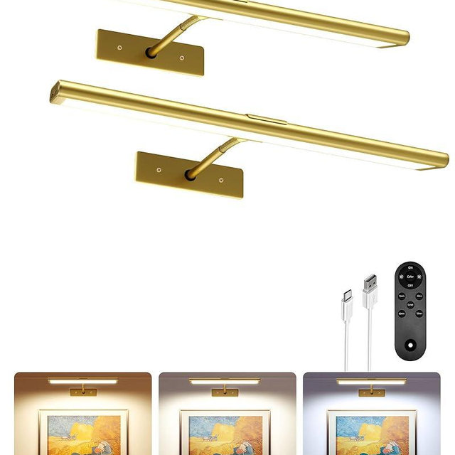 EZVALO Picture Light for Wall, 4800mAh Rechargeable Wireless Remote, Dimmable Magnetic LED Art Display Light with 3 Color Temperatures, for Gallery, Living Room, Bedroom, Hallway (Gold-2Pack)