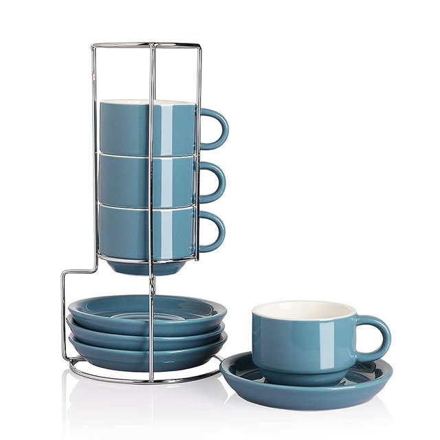 Sweejar Porcelain Espresso Cups with Saucers, 4 Ounce Stackable Cappuccino Cups with Metal Stand for Coffee Drinks, Latte, Tea - Set of 4 (Fog blue)