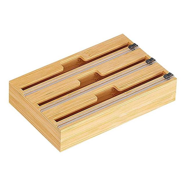 3 in 1 Wrap Dispenser with Cutter - Bamboo Wood Saran Wrap Dispenser, Refillable Professional Fresh-keeping Box, Wrap, Aluminum Foil and Wax Paper Dispenser for Kitchen Drawer