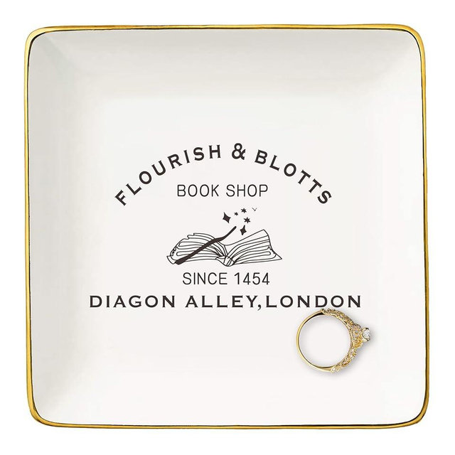 NZY Lourish Blotts Theme-Bookworm Present for Her-Magic Theme Gifts for Fans,Graduation Birthday Christmas Gifts for Women Fans-Ceramic Jewelry Tray Trinket Holder Ring Dish
