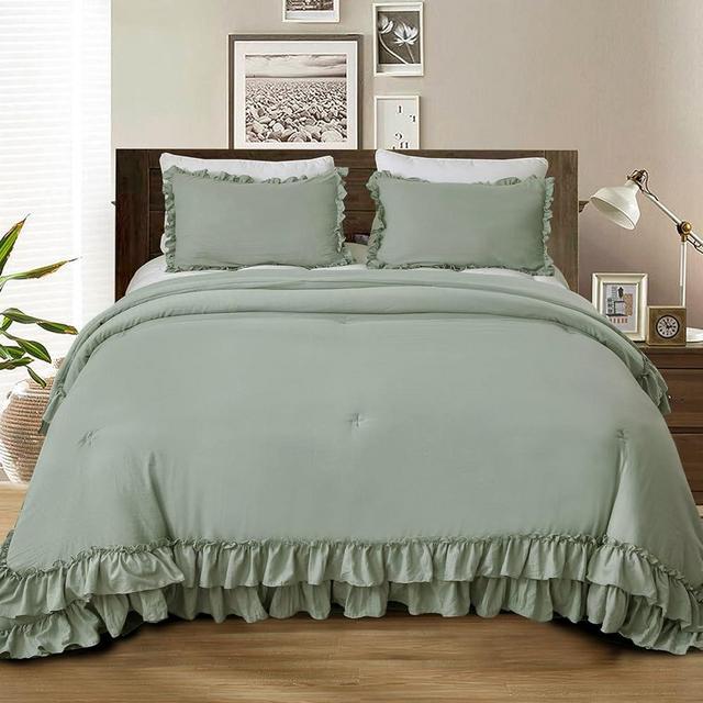 Masaca Sage Green Ruffled Comforter King Size,Farmhouse Shabby Ruffle Rustic Aesthetic Sage Green Bedding Extra Soft 3PCS (1 Ruffle Comforter and 2 Pillowcases)