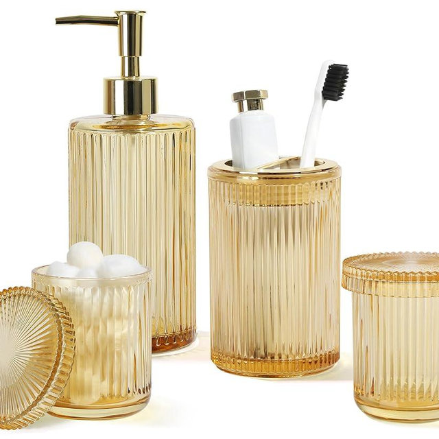 KASUNTING Gold Bathroom Accessories 4 Pcs, Gold Soap Dispenser and Toothbrush Holder Set, Qtip Holder Set, Glass Bathroom Sink Set, Yellow Orange Bathroom Decor
