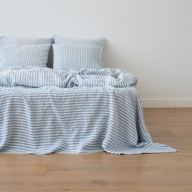 Ticking Striped Linen Flat Sheet in Blue and other color. Queen, Twin, King and other sizes. Washed linen bedding. Striped top linen sheet