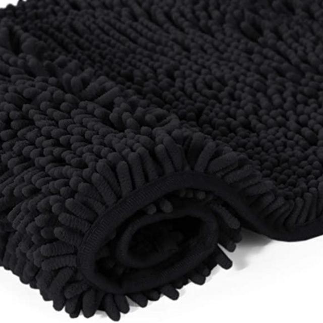 20x32 Bath Mat Non-Slip Bathroom Rug Shag Shower Mat Machine-Washable Bath Mats with Water Absorbent Soft Microfibers Chenille Plush Rugs - Black