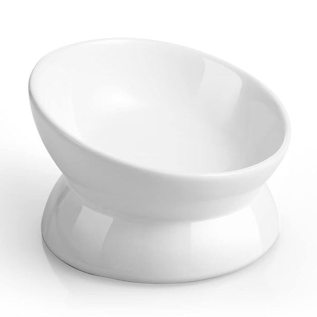 LoeJan Elevated Cat Food Bowl, 5 Oz Ceramic Raised and Tilted Pet Water Bowl, Anti Vomiting and Protect Pets' Spines Cat Dishes for Small Dog, Fat Faced Cat, Kitten (White)