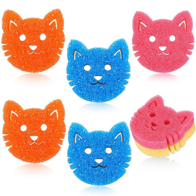 FillTouch 6 Pcs Cat Dual Sided Scrub Cleaning Sponges Cute Temperature Sensitive Dish Sponges for Washing Dishes Non Scratch Household Multi Use Scrubber for Kitchen, 3 Colors