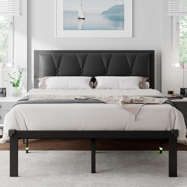 Feonase Queen Size Metal Bed Frame with Faux Leather Button Tufted Headboard, Platform Bed Frame with Heavy Duty Metal Slats, 12" Storage Space, Noise Free, No Box Spring Needed, Black