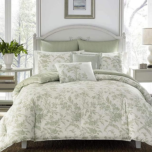 Laura Ashley Home - Natalie Collection - 7pc Luxury Ultra Soft Comforter, All Season Premium Bedding Set, Stylish Delicate Design for Home Décor, Full/Queen, Sage