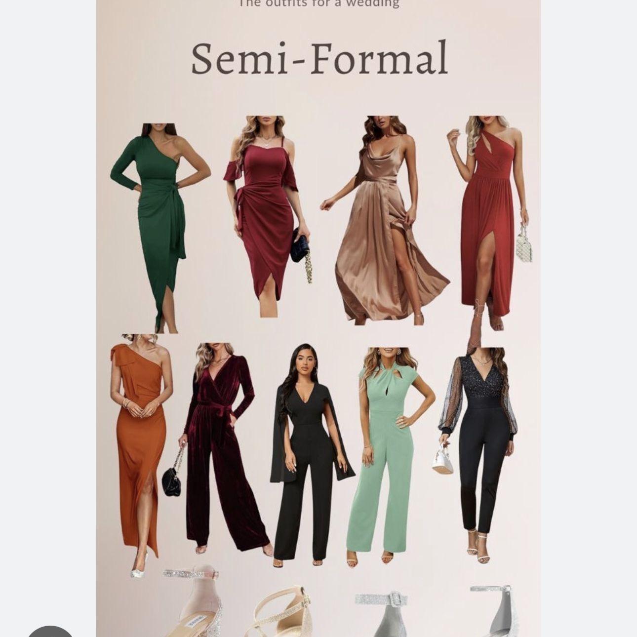 A chic and elegant look for semi-formal. Ladies may wear cocktail or midi dresses.