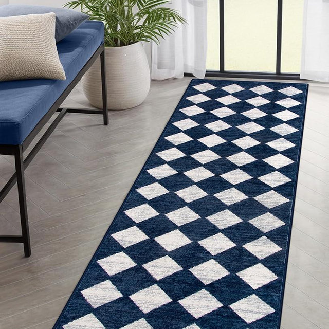 Lahome Checkered 2x8 Hallway Runner Rug,Soft Kitchen Runner Rugs Non Skid Washable,Blue Bathroom Carpet Runner,Moroccan Trellis Low Pile Rug Runner for Entryway Laundry Room Foyer(2'x8',Blue)